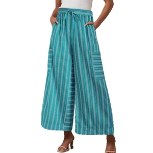 Women's vertical striped wide-leg pants with drawstring waist and cargo pockets