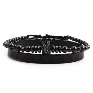 Ensemble bracelet jonc noir à chiffres romains et bracelet perles couronne homme