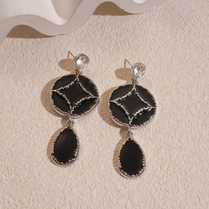 Vintage silver star earrings with black enamel and sparkling rhinestones droplets