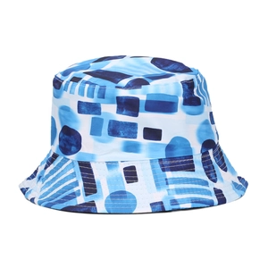 Unisex bucket hat with blue watercolor geometric patterns for sun protection