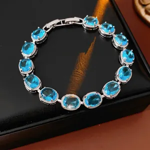 Oval Zircon Copper Bracelet Shiny Blue Gemstones Elegant Fashion Jewelry For Women