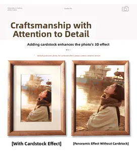 Detail view of wood grain photo frame with white matting and full bleed display options