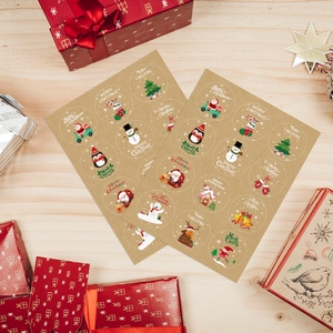 Merry Christmas kraft paper stickers for gift boxes featuring Santa and Reindeer motifs