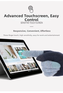 Close-up of sensitive three-finger touch screen knit gloves operating a tablet