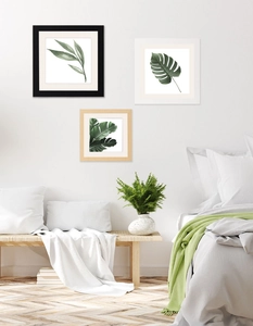 Three watercolor tropical plant art pieces in black, white, and wood finish square frames