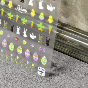 5D embossed Easter nail stickers featuring colorful rabbits, carrots and eggs (TO1681)