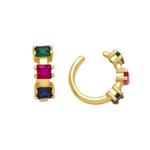 Minimalist C-shaped gold ear cuff with three square-cut emerald, ruby and sapphire gemstones