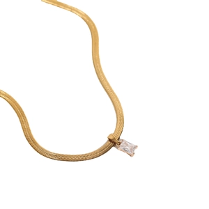 Gold plated snake chain necklace with rectangular zirconia pendant for women