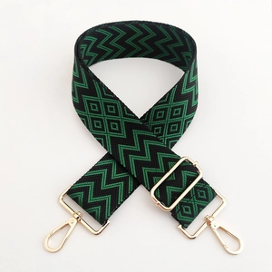 Detail of adjustable knit strap with green and black geometric patterns and gold buckles