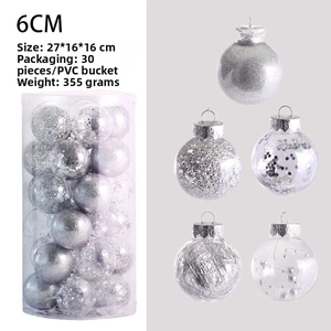 Detail of 30pcs 6cm clear Christmas ornaments with glitter, sequins, and ribbon filling