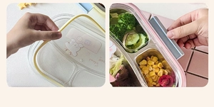 Close-up of thick silicone seal and large side buckles on stainless steel lunch box