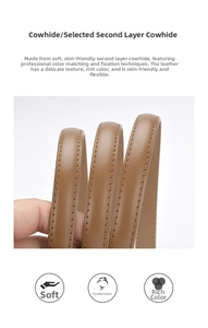 Detailed view of brown split cowhide strap showing fine leather texture and neat stitching