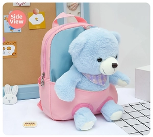 Detailed side view of pink and blue kids backpack with a large plush bear character