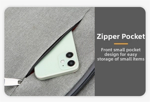 Close-up of the front zipper pocket on a gray insulated backpack holding a smartphone