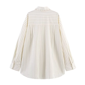 Women vintage striped loose shirt with drop shoulder and long sleeves on white background