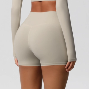 Rear view of high-waist yoga shorts showing butt-lifting fit and stretch fabric
