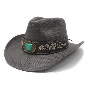 Chapeau De Cowboy Occidental Paille De Papier Large Bord Bande Cuir Brodée Ethnique Faux Turquoise Soleil Plage Fedora