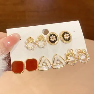 French vintage pearl earring set with triangular enamel and silver needles for women