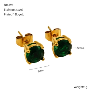 Detailed view of 7mm round green zircon stud earrings in 18k gold plated stainless steel