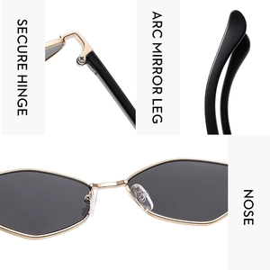 Detail view of gold metal sunglasses featuring secure hinges and comfortable nose pads