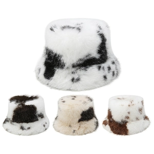 Cow Print Faux Fur Bucket Hat Warm Winter Autumn Plush Windproof Outdoor Round Top Headwear For Women