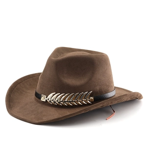 Dark coffee wool felt cowboy hat with black leather band and golden feather ornament