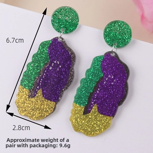 Detailed view of long acrylic glitter earrings with dimensions 6.7cm by 2.8cm