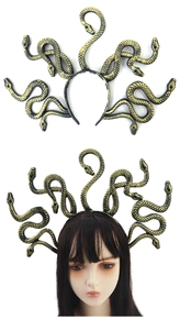 Detail of Medusa headband featuring nine vintage gold snakes with intricate scales