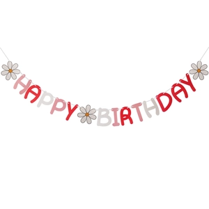 Pink and red Happy Birthday banner with white daisies for kids forest theme party decor