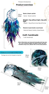 Detailed view of moon dreamcatcher with blue feathers and 51cm size measurements