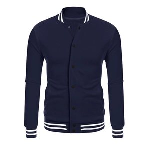 Detail of striped ribbed collar and navy blue fabric on a men's vintage baseball jacket