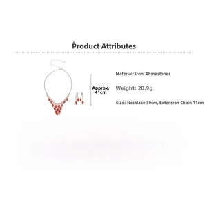 Detail view of red rhinestone necklace and earring set with size and weight specs