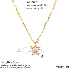 Detail of 18K gold-plated butterfly pendant featuring pink zircon and 45cm steel chain