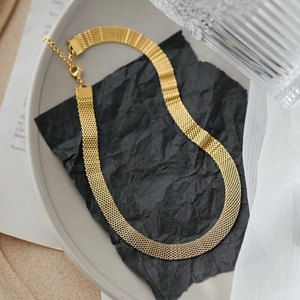 Woven Mesh Necklace For Women Retro Minimalist Titanium Steel Gold Plated Flat Chain Choker Fashion Jewelry Accessory