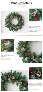 Detail of Christmas wreath with red berries, pine cones and warm LED lights on white
