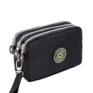 Black washed denim three-zipper clutch bag with wrist strap and star logo patch