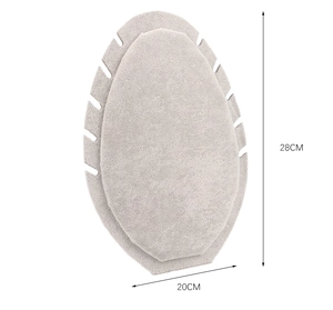 Detail view of beige velvet necklace display stand with side notches and dimensions
