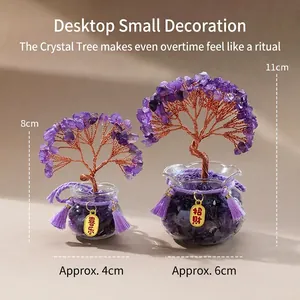 Natural amethyst crystal money tree ornament in glass bowl with purple tassels