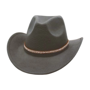 Detailed view of gray wool fedora hat featuring a delicate pearl decorative band