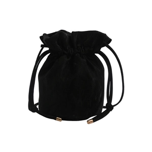 Minimalist black velvet drawstring bucket bag with elegant gold metal tips on white background