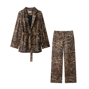 Blazer Con Stampa Leopardata E Pantaloni Dritti Maniche Lunghe Vita Annodata Completi Di Moda Streetwear Donna
