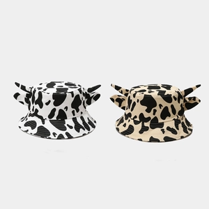 Cow Print Bucket Hat With Ears And Horns Cotton Wide Brim Sun Protection Foldable Outdoor Cute Fisherman Hat For Women