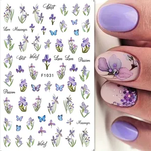 Detail of purple iris flower and butterfly nail art stickers with decorative text F1031