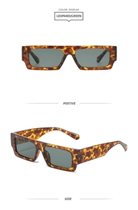 Detailed front and side view of vintage leopard print rectangular sunglasses with green lenses