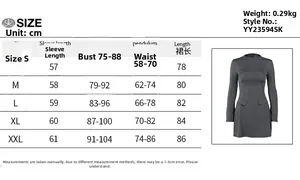 Tableau des tailles détaillé pour robe manches longues avec buste, taille et longueur