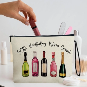 Canvas makeup bag with wine bottle prints and 50th Birthday Wine Crawl text