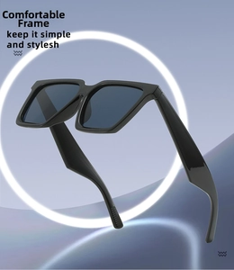 Detail of square black sunglasses with wide temples on a blue-purple gradient background