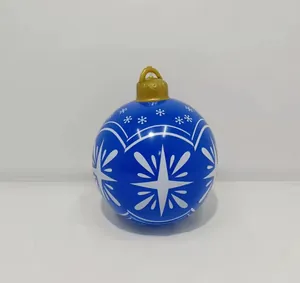 Macro detail of 60cm blue PVC inflatable Christmas ball with white snowflake patterns