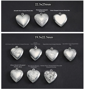 Variety of heart-shaped locket pendants with engraved patterns and polished finishes