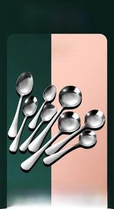 Nine-piece stainless steel spoon set featuring mirrored finish and diverse head shapes
